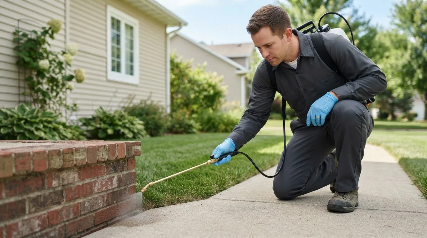 Pest control technician treating a home near Wellsville, PA